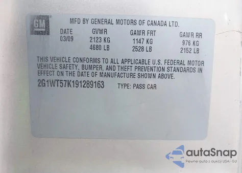 2009 Chevrolet Impala Lt из США, поврежденный, VIN 2G1WT57K191289163